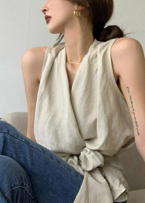 White Tie Waist Linen Vests Sleeveless