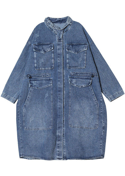 Unique Blue Pockets Button Loose Fall Denim Long Sleeve Coats Trench Coats