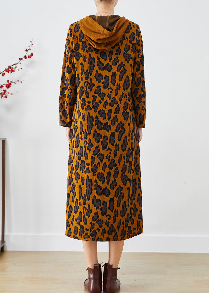 Brown Hooded Leopard Print Cotton Dresses Spring