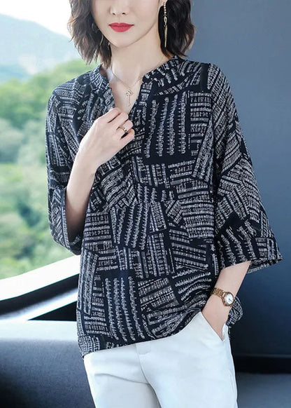 Black V Neck Print Chiffon Shirt Top Bracelet Sleeve
