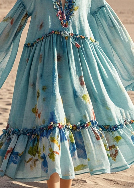 Blue Oversized Print Cotton Beach Dress Fall