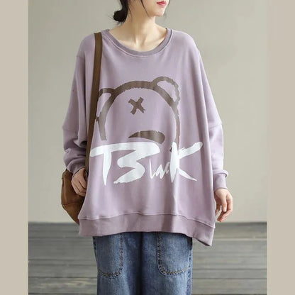 Modern Purple Cartoon Print Cotton Shirts O Neck Loose Spring Shirts