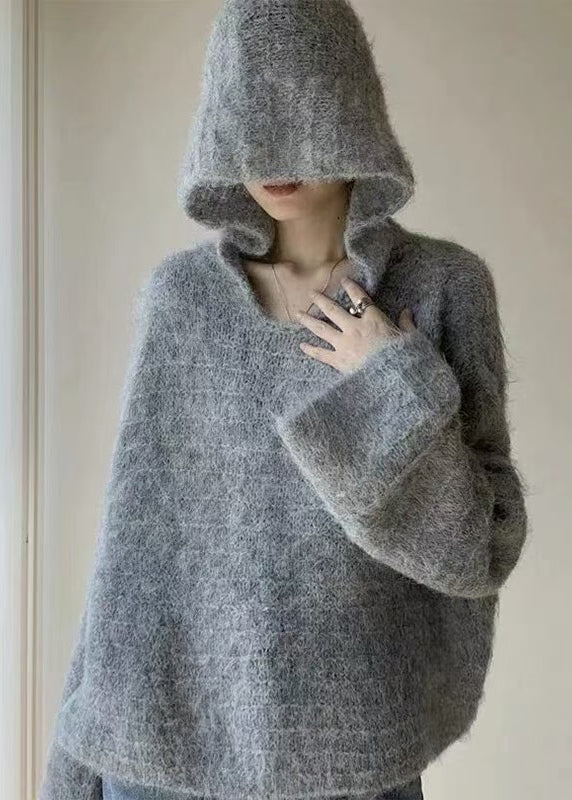 Cozy Grey V Neck Hooded Knit Shirts Spring
