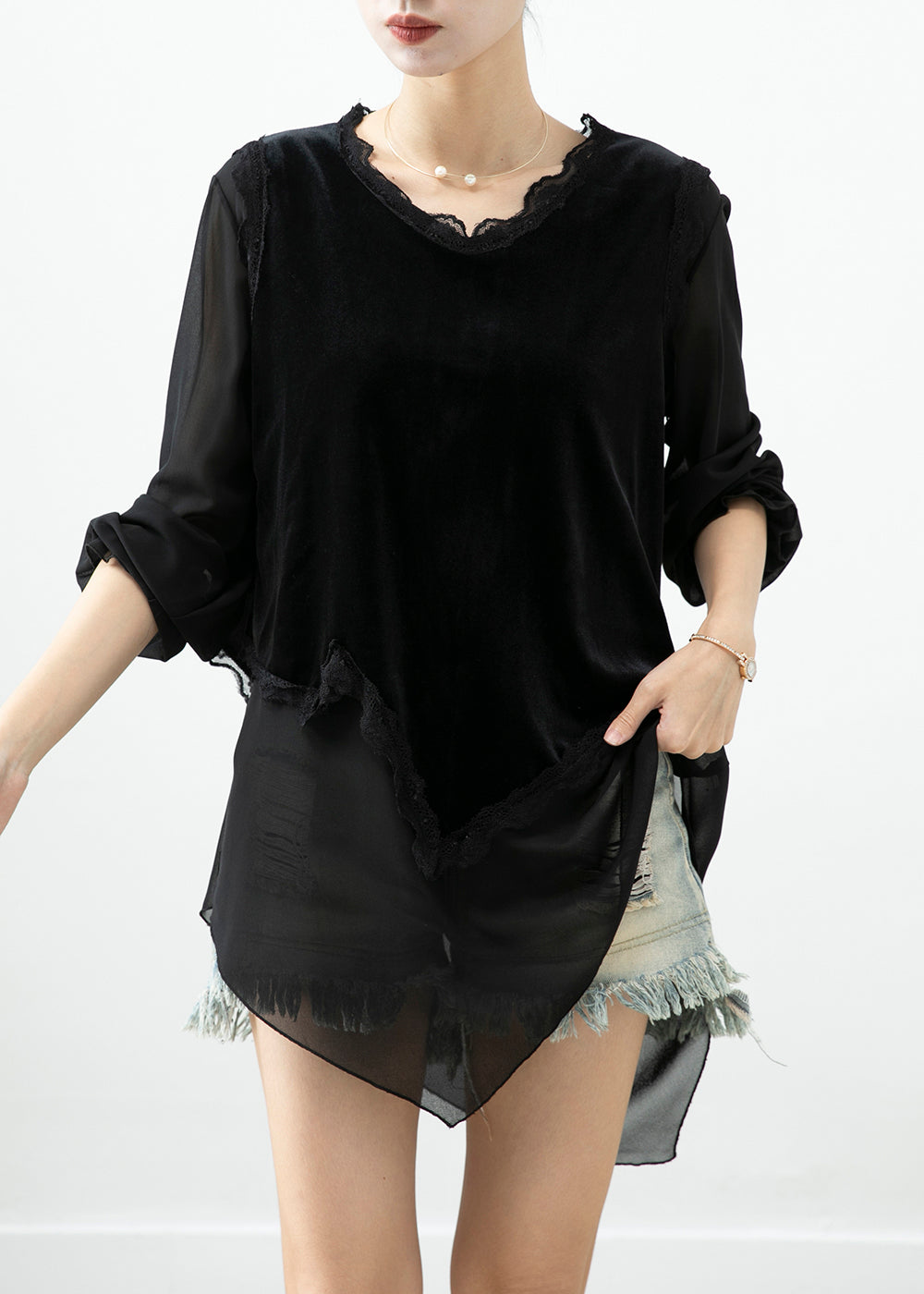 Black Asymmetrical Patchwork Silk Velour Blouse Tops Fall