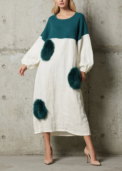 Colorblock O Neck Fuzzy Fur Patchwork Cotton Dress Fall