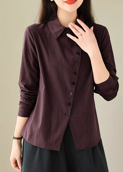 Dull Red Peter Pan Collar Plaid Button Cotton Shirt Spring