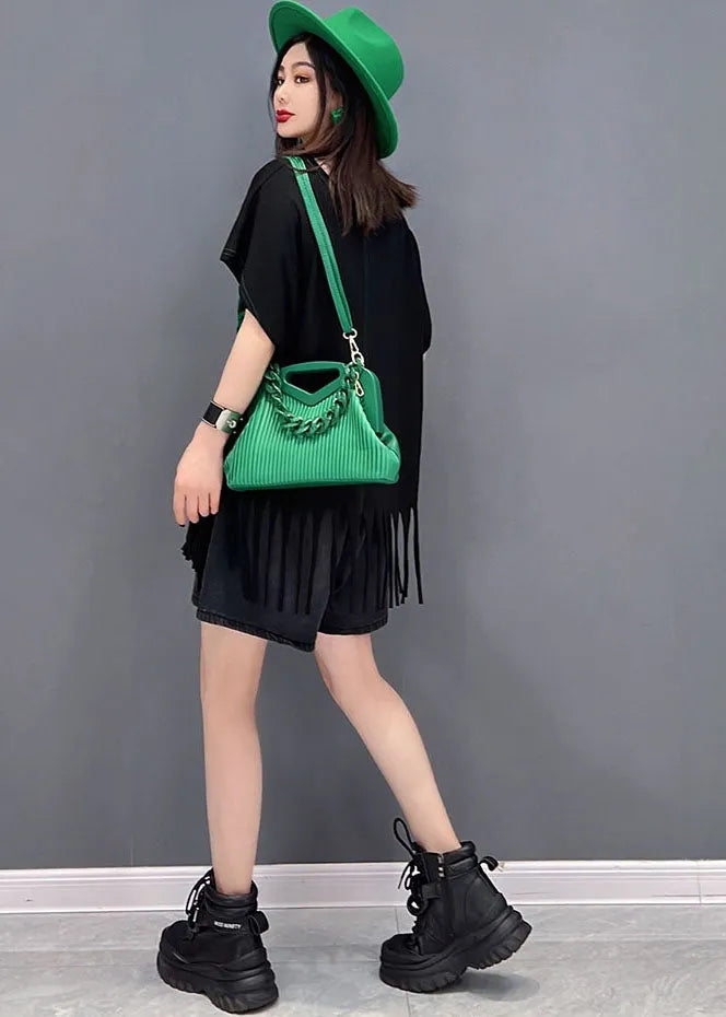 French Black O-neck Tassel Print Cotton Tank Tops Short Sleeve