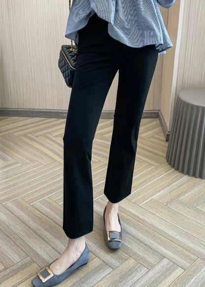 Black High Waist Pockets Ice Silk Crop Flared Trousers