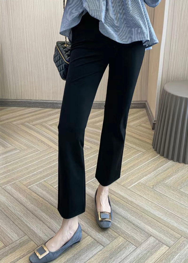 Black High Waist Pockets Ice Silk Crop Flared Trousers