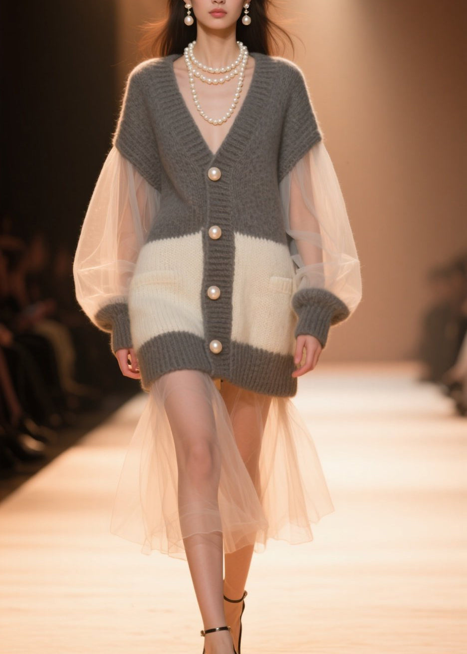 Colorblock V Neck Tulle Patchwork Knit Cardigans Fall