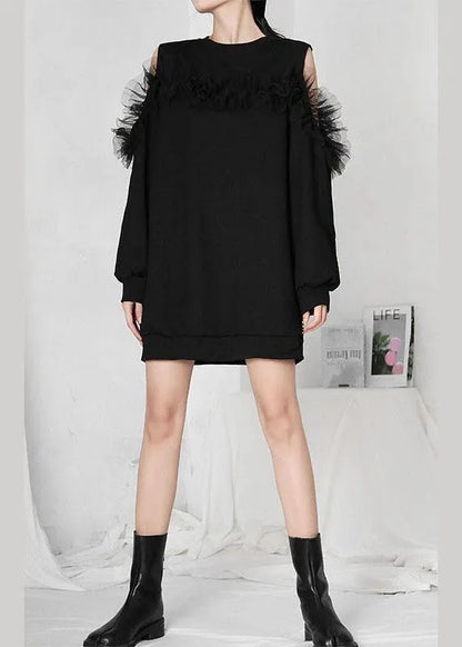Black Patchwork Tulle Cold Shoulder Long Sleeve Pullover Sweatshirt