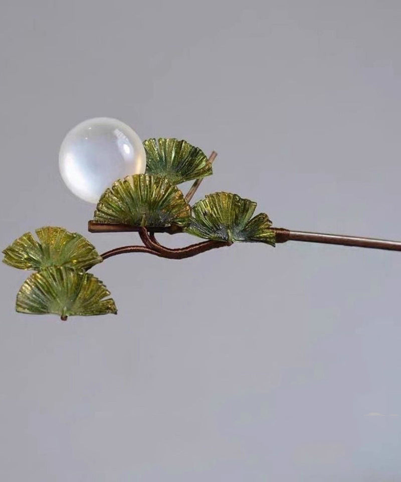 Brown Wooden Fan Transparent Beads Hairpin