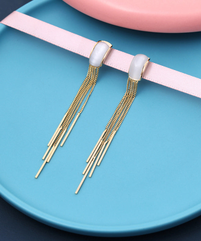 Skinny Gold Sterling Silver Alloy Cymophane Tassel Drop Earrings