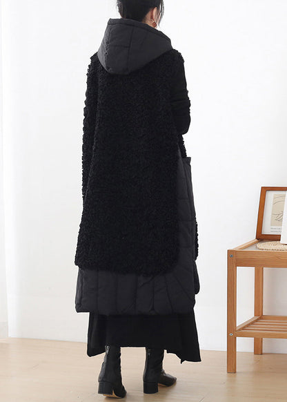 Black Zippered Woolen Hoodies Waistcoat Sleeveless