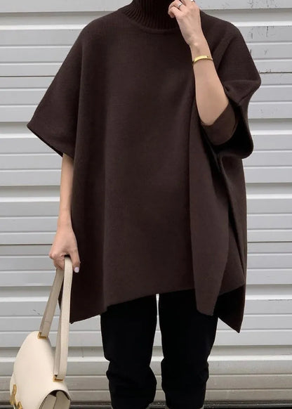 Grey Side Open Knit Cape Style Sweater Turtleneck Batwing Sleeve