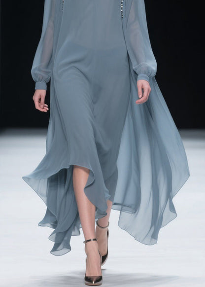 Simple Blue V Neck Chiffon Long Dress Spring