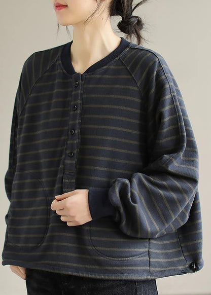 Simple O Neck Spring Clothes for Christmas Gifts Navy Striped Blouses