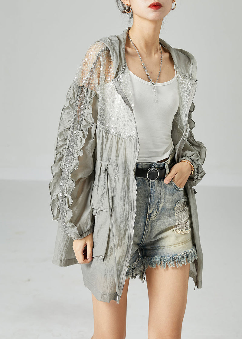 Grey Hooded Sequins Patchwork Drawstring Upf 50+ Coat Jacket Summer