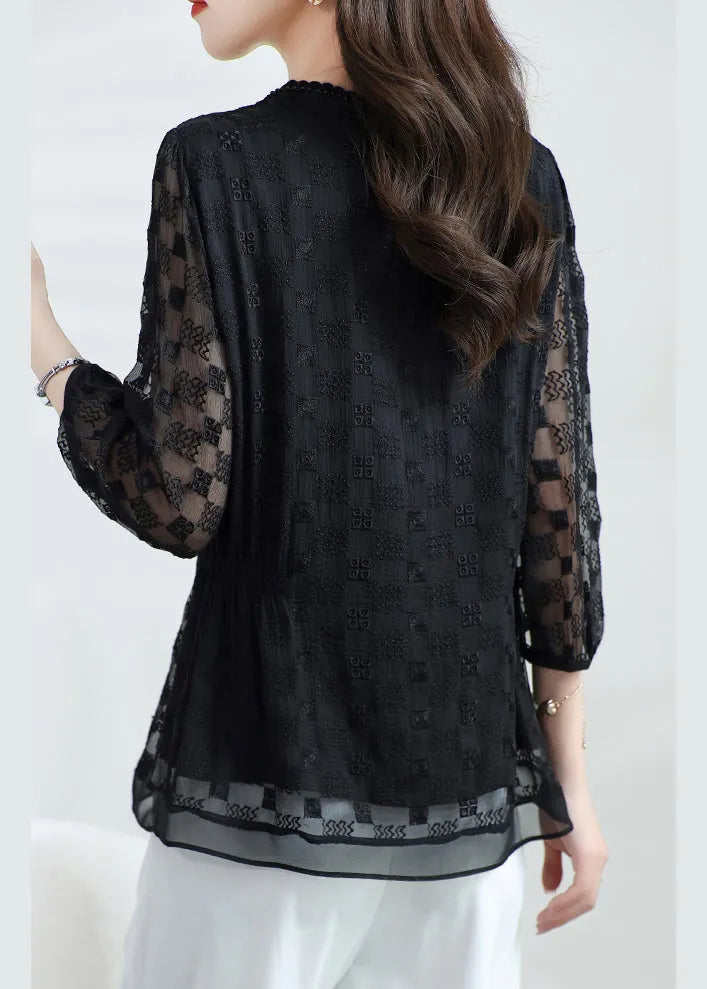 Boutique Black O Neck Embroidered Silk T Shirt Top Bracelet Sleeve