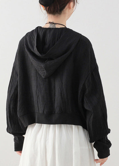 Black Hooded Zippered Pockets Linen Coat Long Sleeve