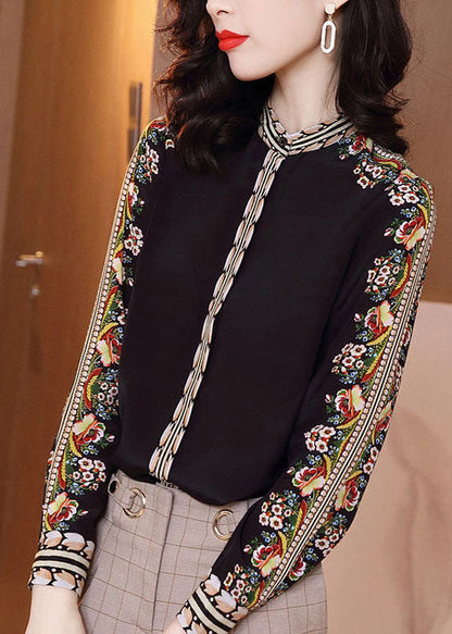 Black Stand Collar Print Chiffon Shirt Top Long Sleeve
