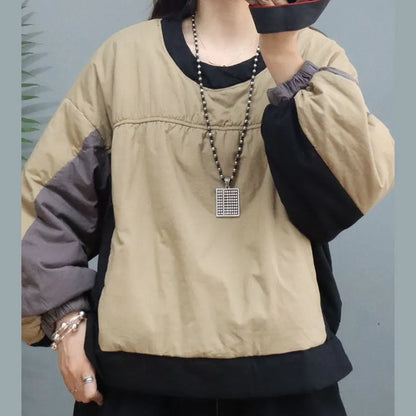 Khaki O-neck Lantern Sleeve Fine Cotton Filled Sweatshirt Street Wear
