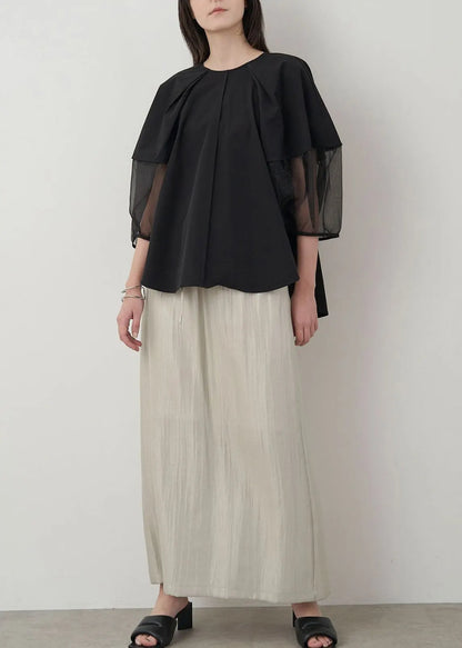 Black Patchwork Organza Shirt Oversized Puff Sleeve
