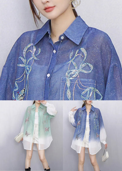 Gradient Green Butterfly Decorated Shirt Long Sleeve