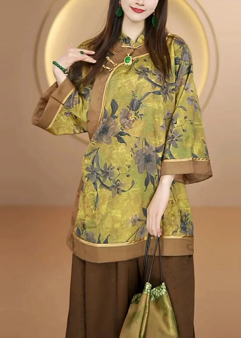 Handmade Yellow Stand Collar Print Silk Blouse Top Fall