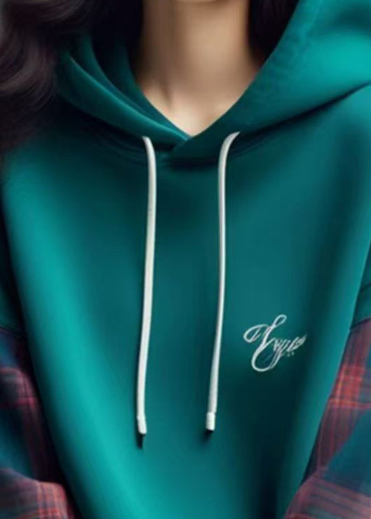 Blue Hooded Plaid Patchwork Cotton Sweatshirts Fall