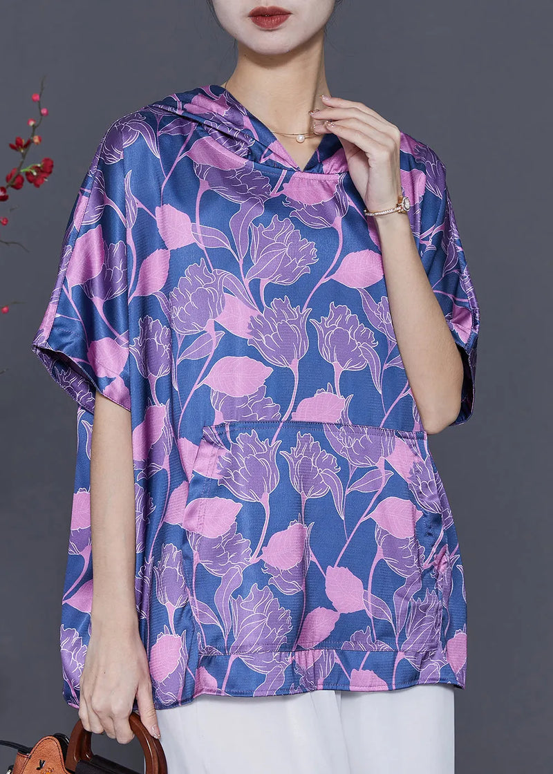 Blue Oversized Print Silk Sweatshirt Summer
