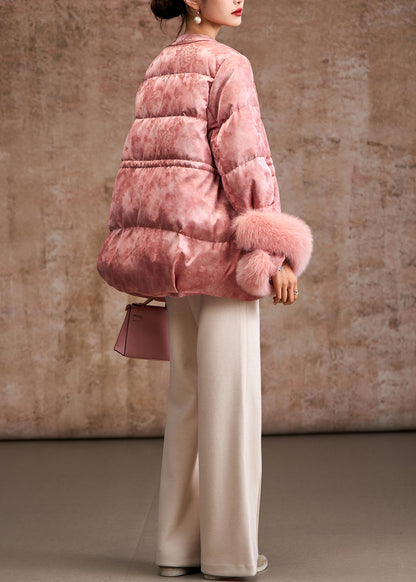 Pink Jacquard Patchwork Fox Hair Duck Down Silk Puffer Coat Winter