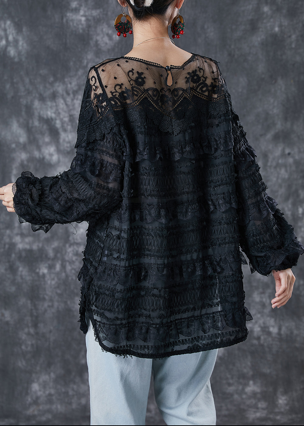 Black Hollow Out Patchwork Lace Top Spring