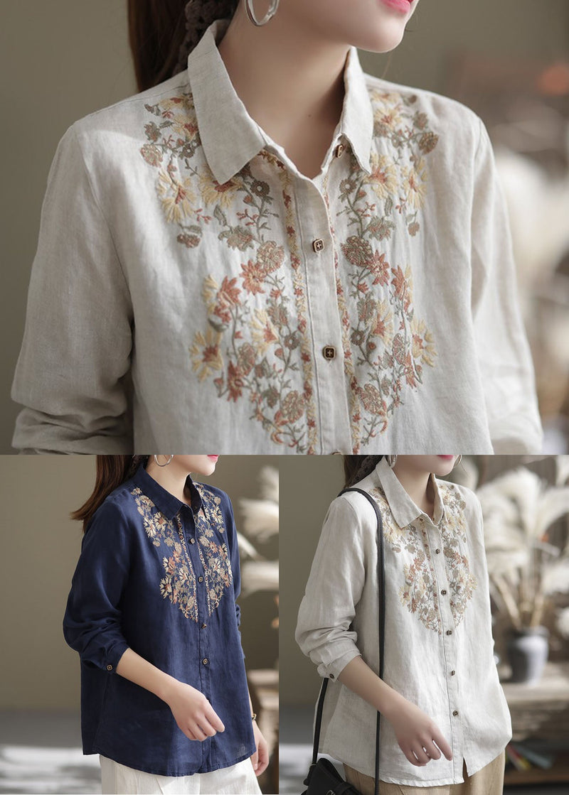 Beige Peter Pan Collar Embroideried Linen Top Spring