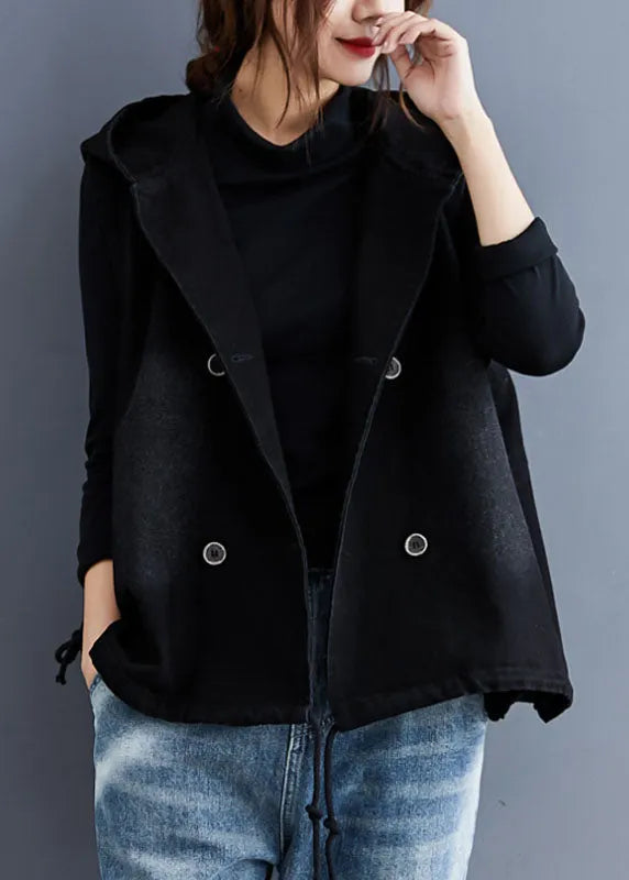 Unique Black Hooded Button Denim Trench Sleeveless Vest