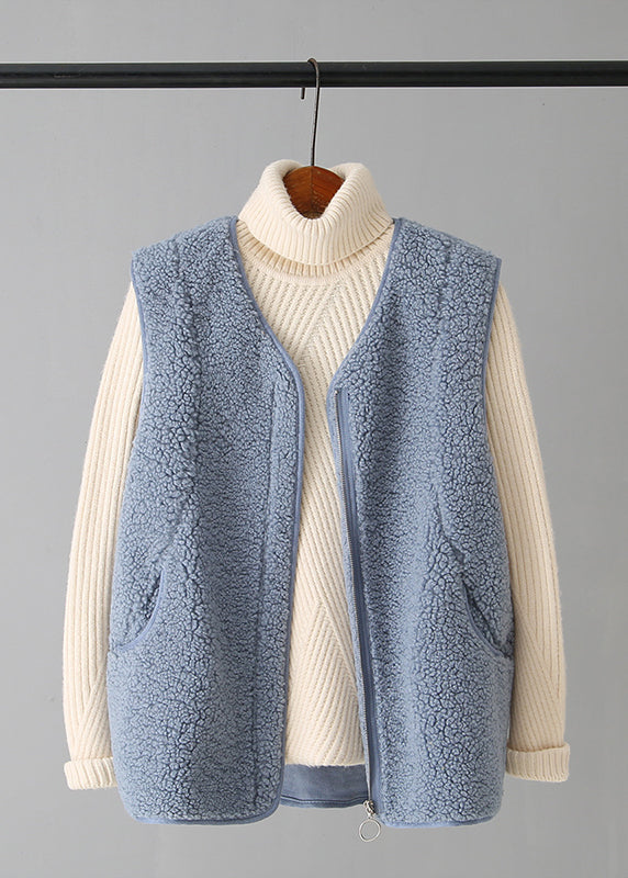 Coffee V Neck Zippered Faux Fur Waistcoat Fall