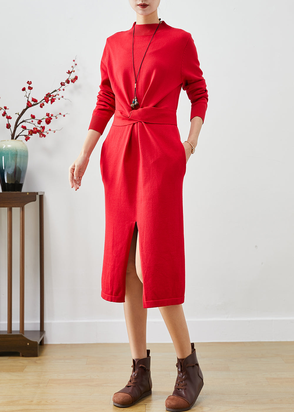 Red Asymmetrical Side Open Silm Fit Knit Dresses Fall