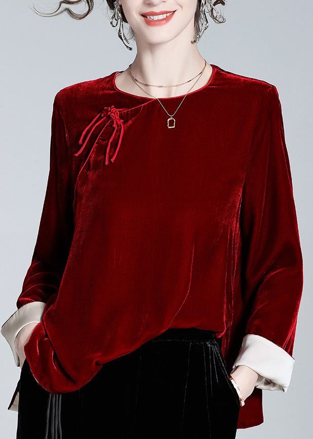 Natural Mulberry O-neck Side Open Silk Velour Shirts Long Sleeve