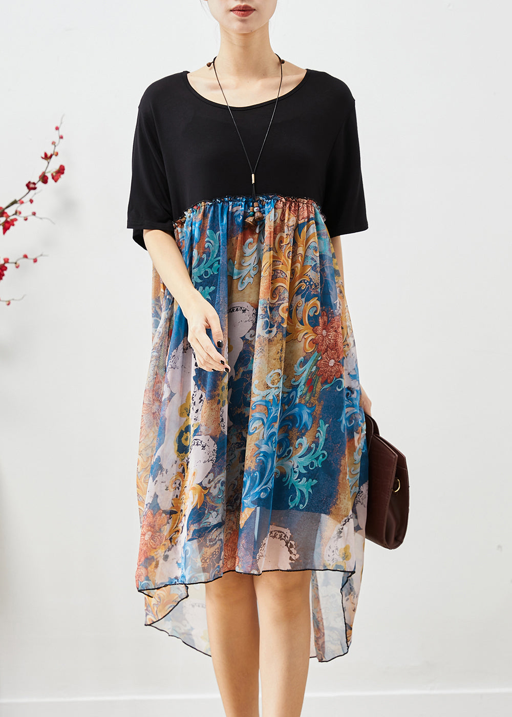 Loose Black O-neck Patchwork Print Chiffon Beach Dress Summer