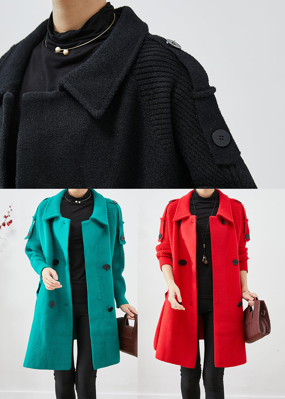 Black Double Breast Patchwork Woolen Trench Coats Fall