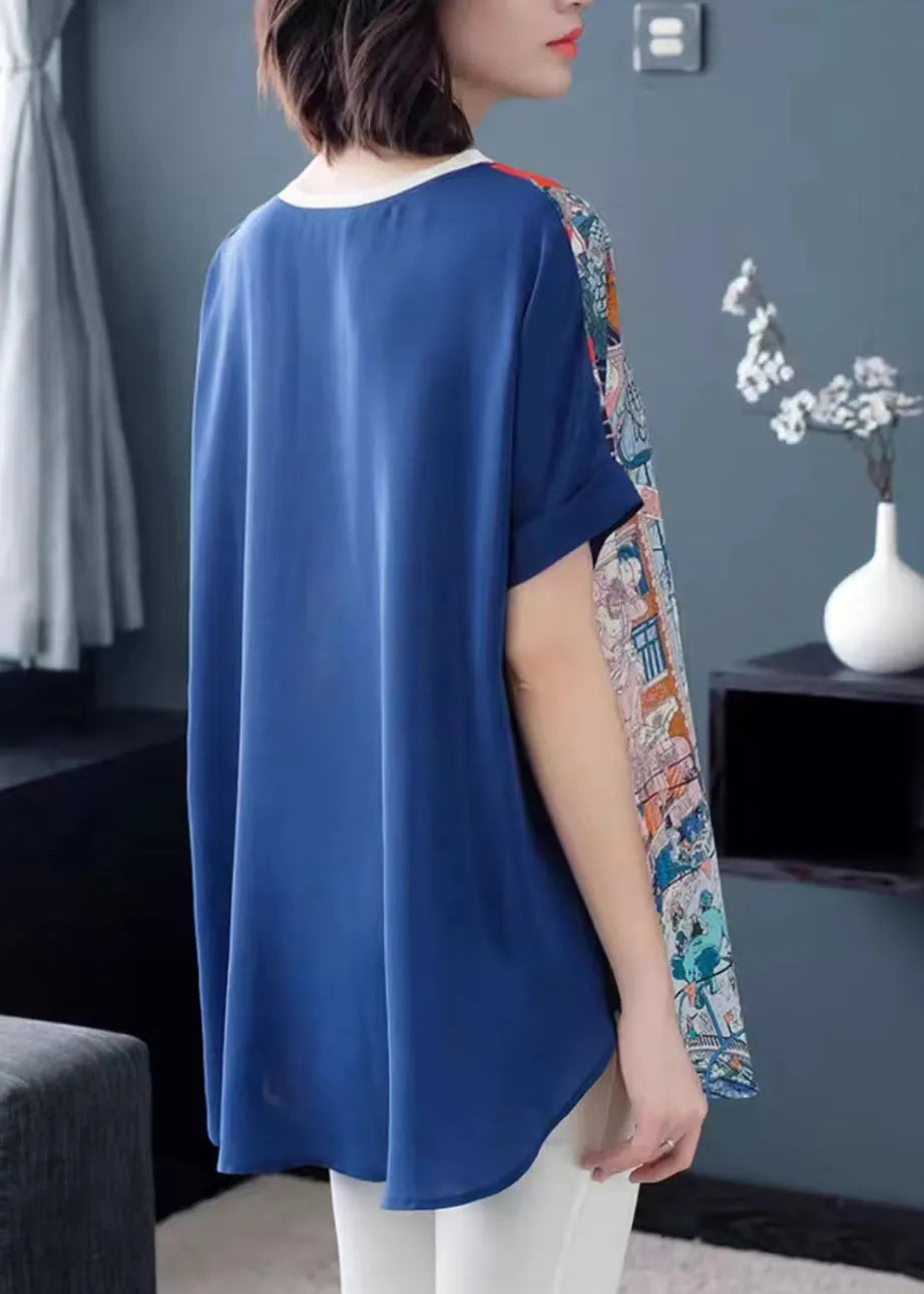 Blue O-neck Print Patchwork Chiffon Loose Tanks Short Sleeve