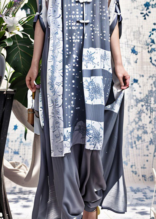 Blue Print Chinese Button Silk Long Dresses Summer