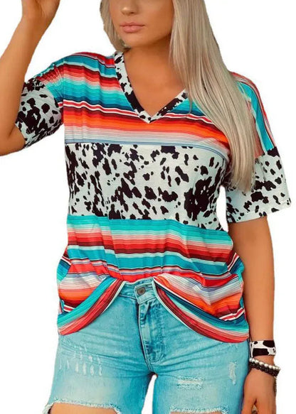 Sky Blue V Neck Patchwork Leopard Striped Print Tank Tops Short Sleeve
