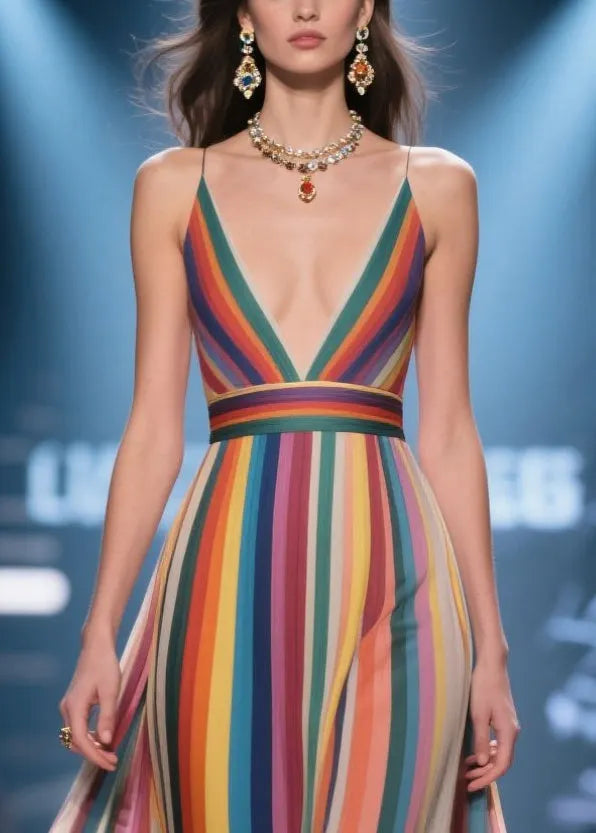 Multicolour Striped Flower Decorated Chiffon Evening Dress Summer