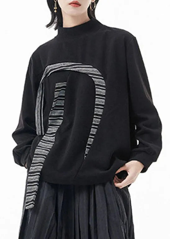 Black Stand Collar Patchwork Sweatshirts Top Spring