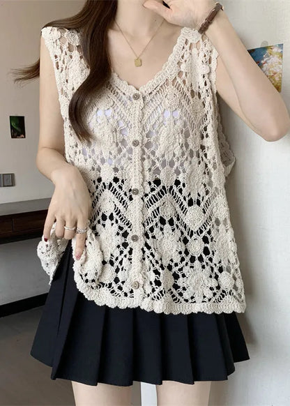 Apricot V Neck Hollow Out Knit Vest Sleeveless