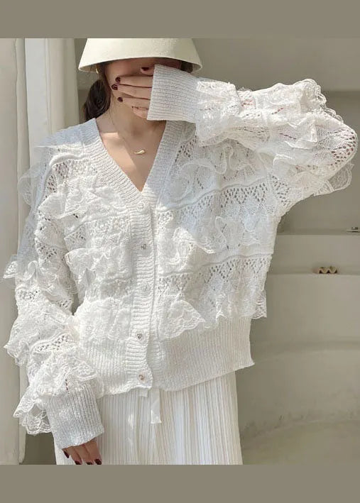 White V Neck Hollow Out Ruffled Blouses Spring