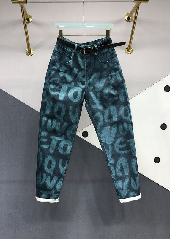 Green Pockets Graphic Print Jeans Fall