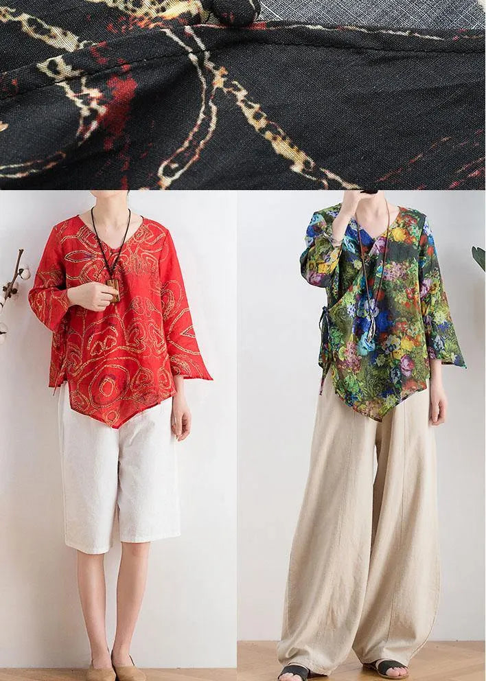 Green Print Tie Waist Linen Summer Shirt Top
