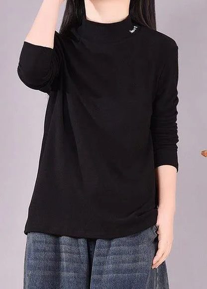 French High Neck Spring Top Silhouette Pattern Black Shirts